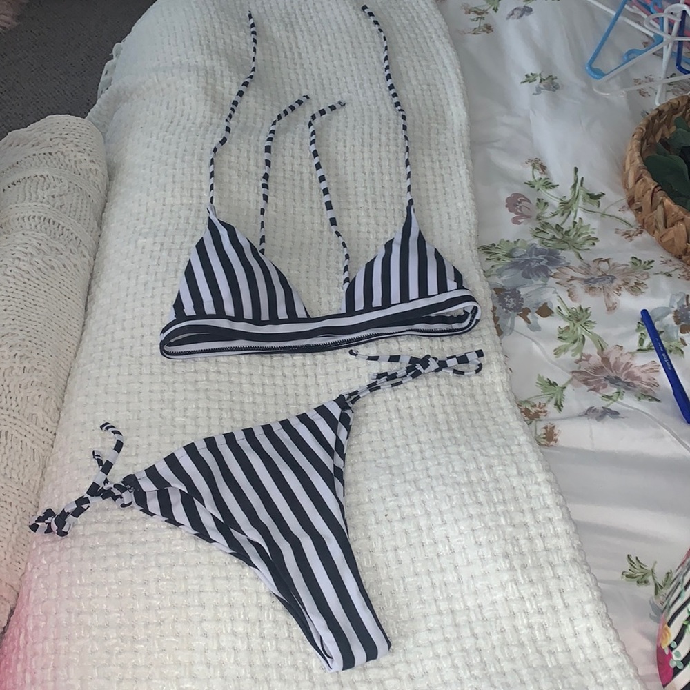 Black and white striped triangle top bikini